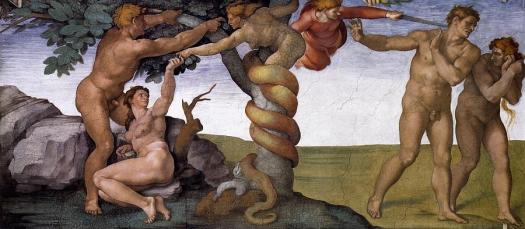 Painting by Michelangelo Buonarroti, depicting the Fall of Man and banishment from the Garden of Eden.